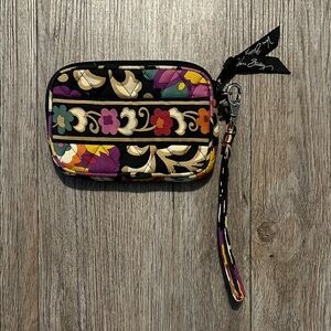 Vera Bradley Black Multi Floral Wristlet with Gold & Purple Accents
